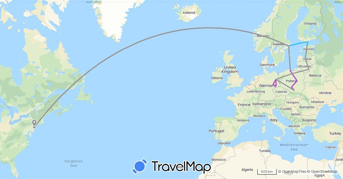 TravelMap itinerary: driving, plane, train, boat in Germany, Estonia, Finland, Lithuania, Latvia, Poland, Sweden, United States (Europe, North America)